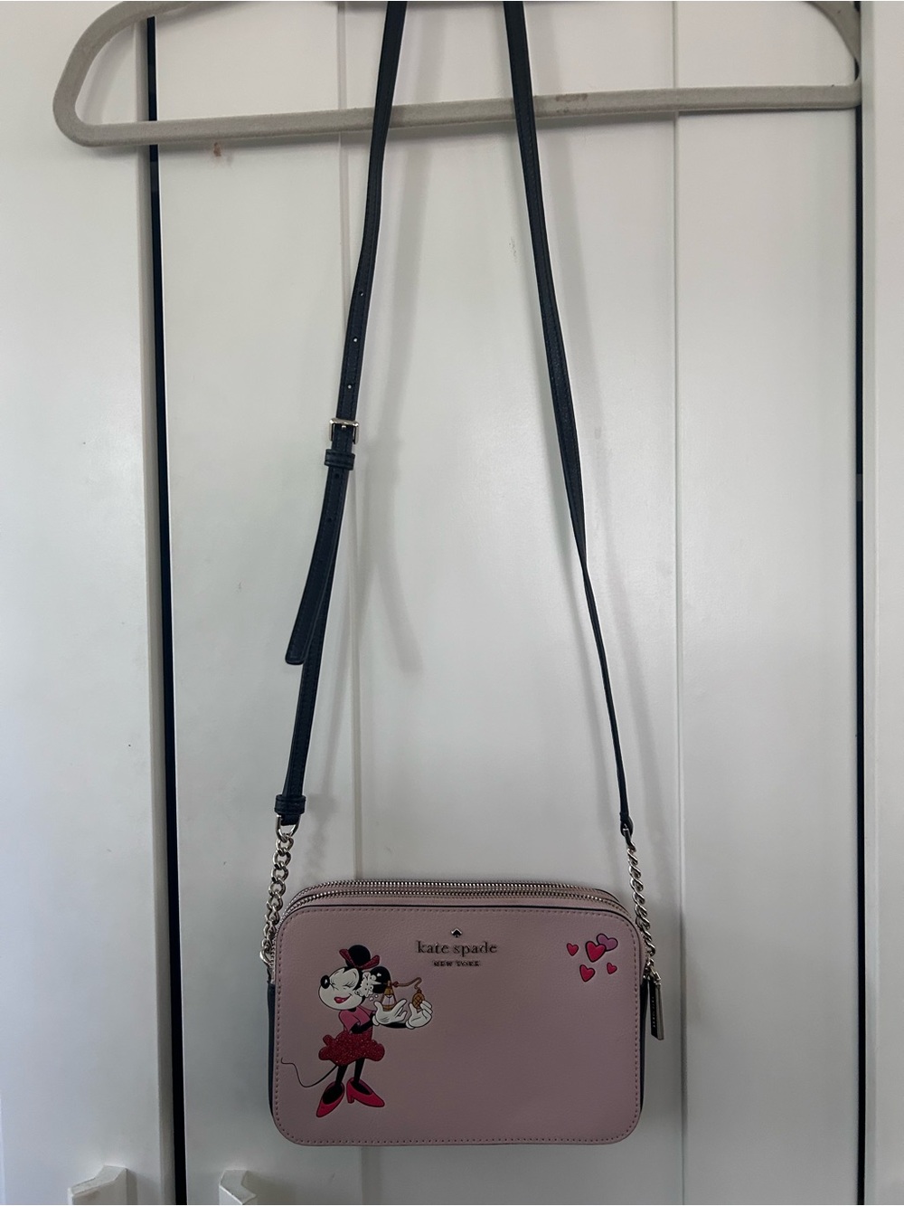 kate spade pink Minnie Mouse Leather Crossbody with Black Strap